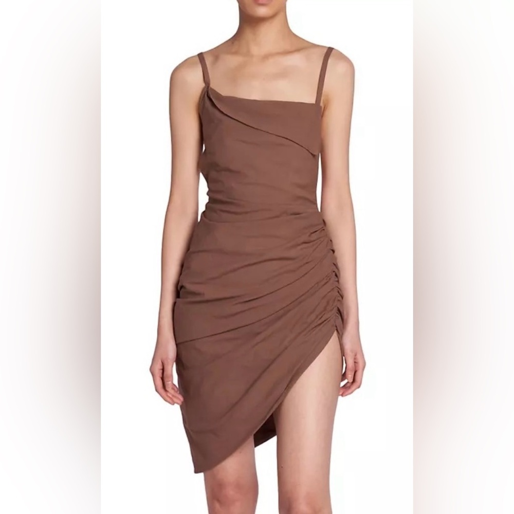 Jacquemus La Montagne Brown Asymmetrical Ruched Cocktail Dress